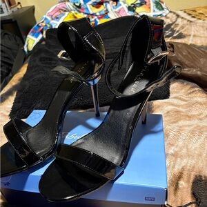 Pleaser Glossy Black Ankle Strap Heels